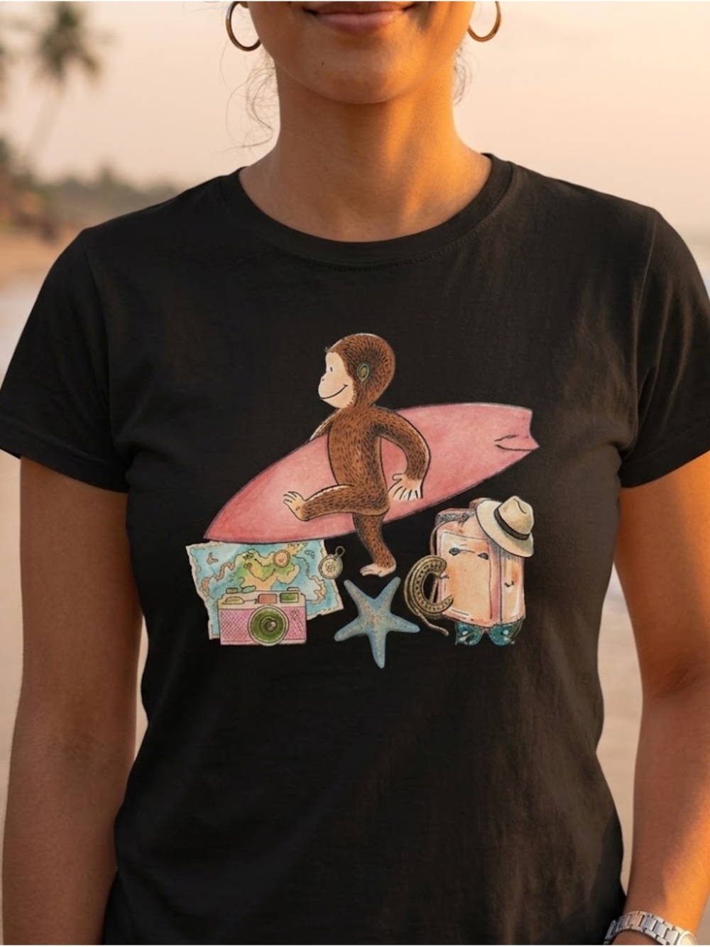 Black Tee with Surfing Monkey